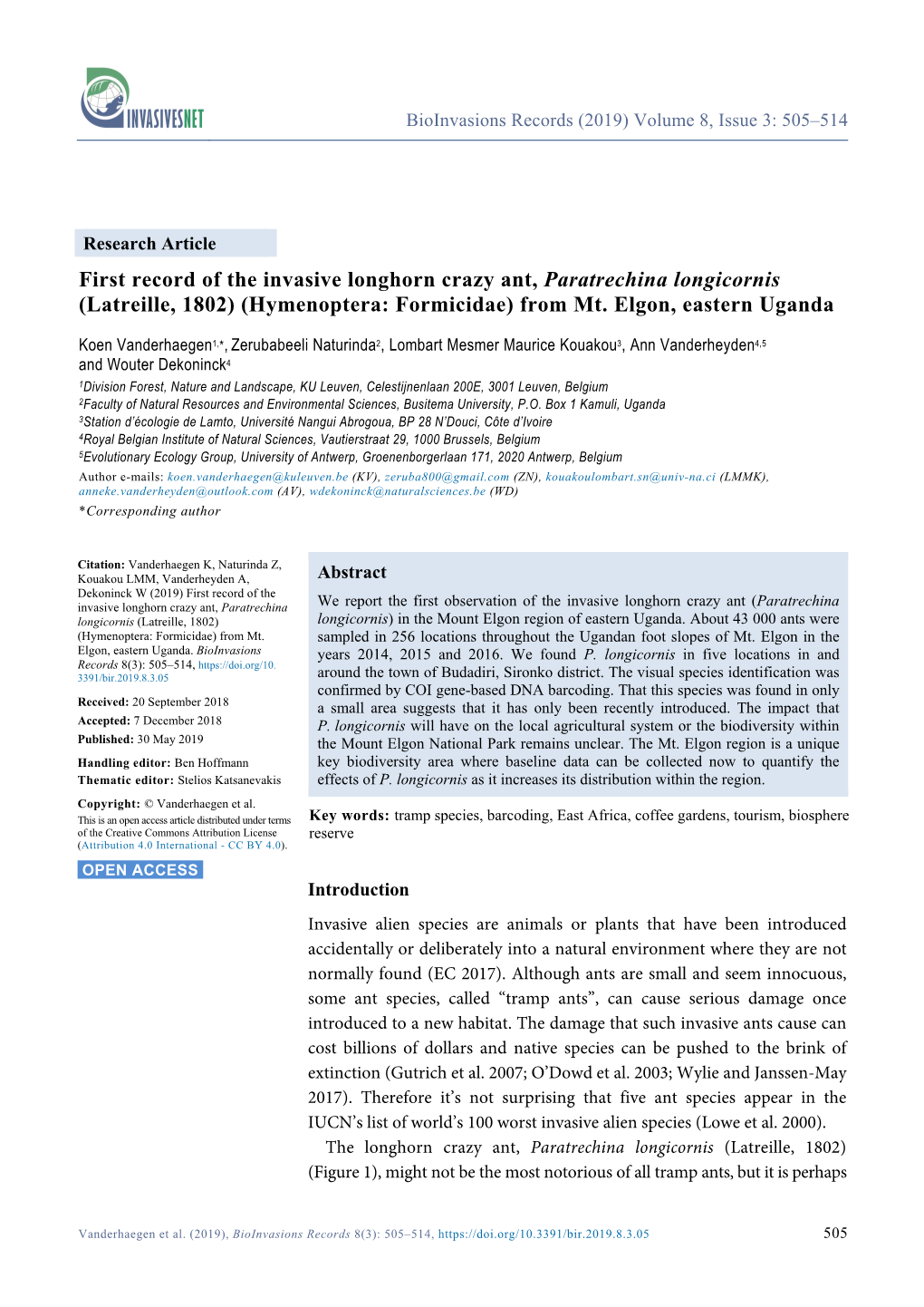 Paratrechina Longicornis (Latreille, 1802) (Hymenoptera: Formicidae) from Mt