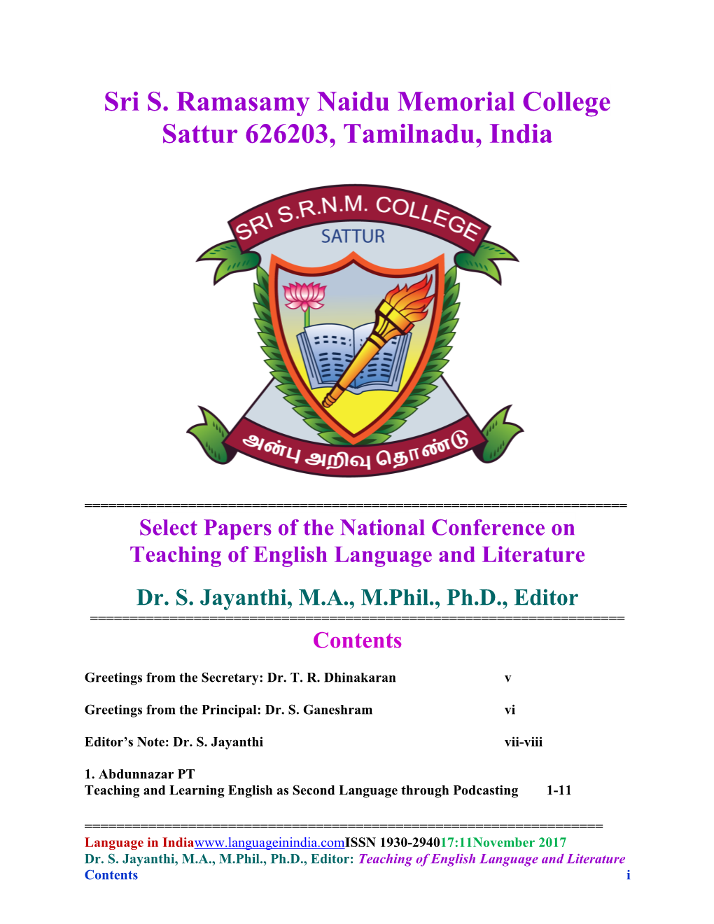 Sri S. Ramasamy Naidu Memorial College Sattur 626203, Tamilnadu, India