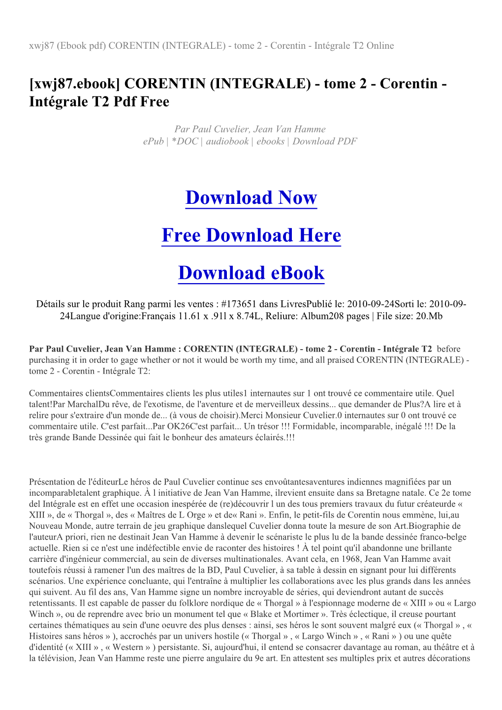 Xwj87 (Ebook Pdf) CORENTIN (INTEGRALE) - Tome 2 - Corentin - Intégrale T2 Online