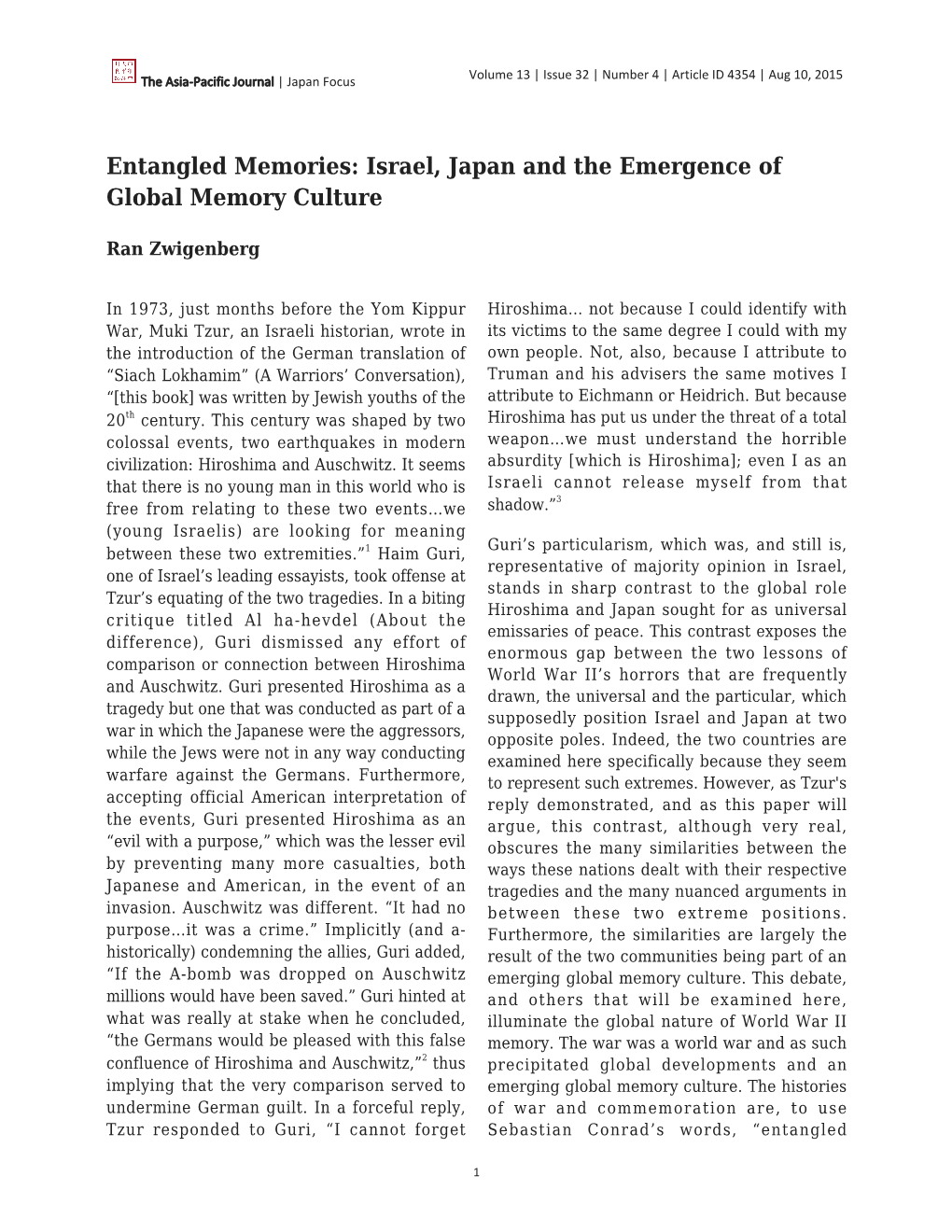 Israel, Japan and the Emergence of Global Memory Culture