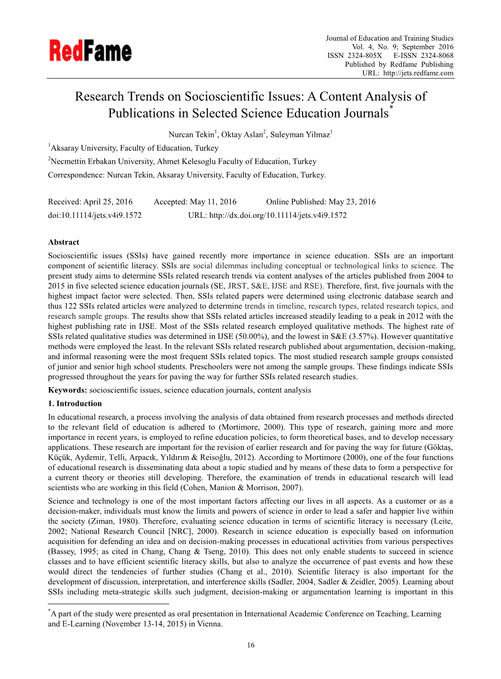 Research Trends on Socioscientific Issues: a Content Analysis of Publications in Selected Science Education Journals*