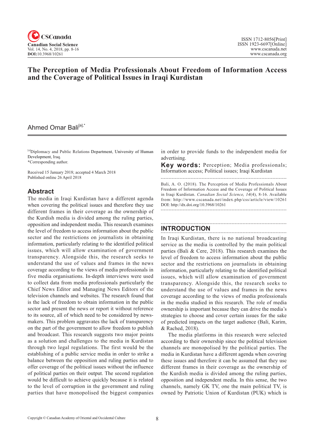 The Perception of Media Professionals About Freedom of Information Access and the Coverage of Political Issues in Iraqi Kurdistan