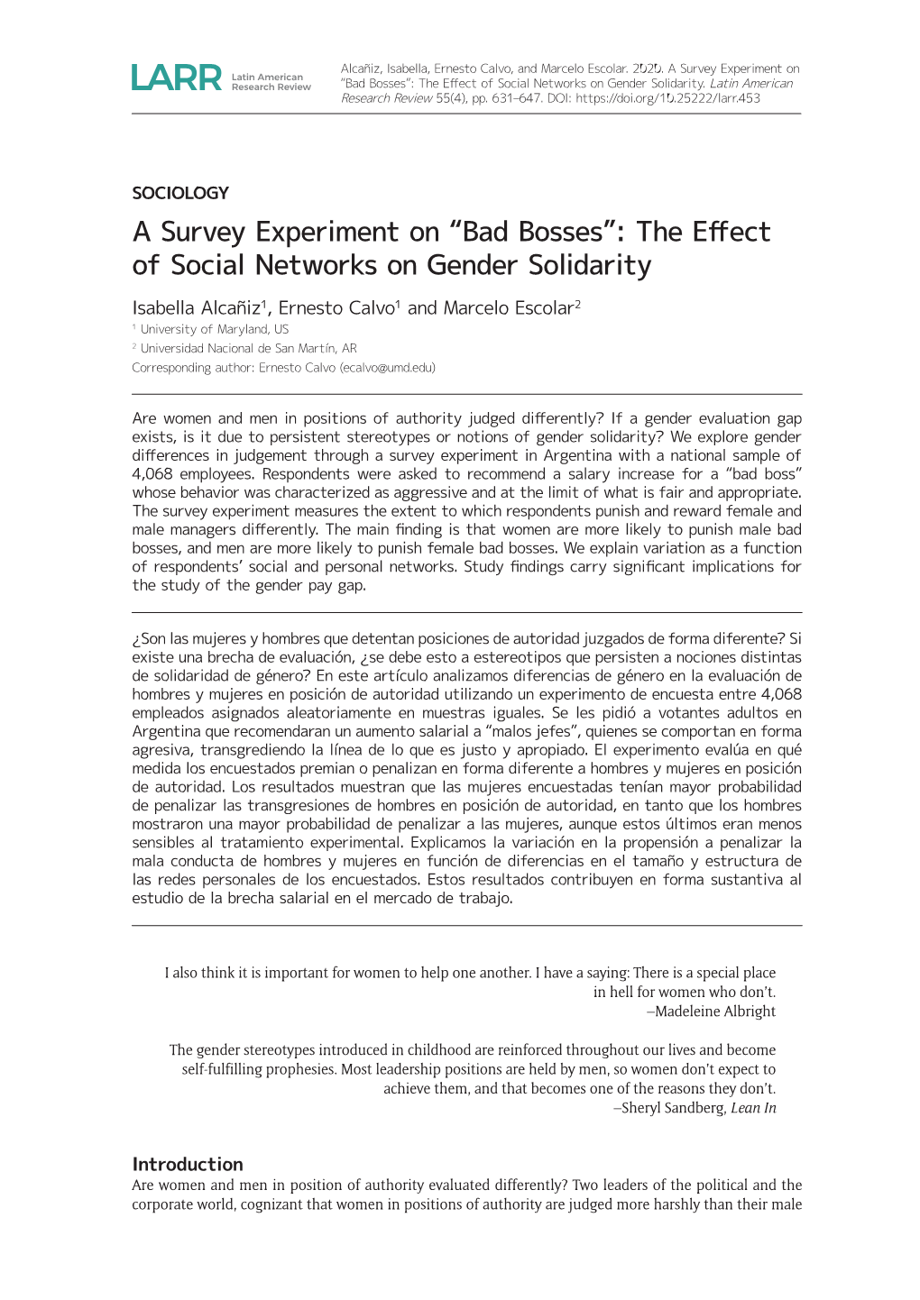 A Survey Experiment on “Bad Bosses”: the Effect of Social Networks on Gender Solidarity.Latin American Research Review 55(4), Pp