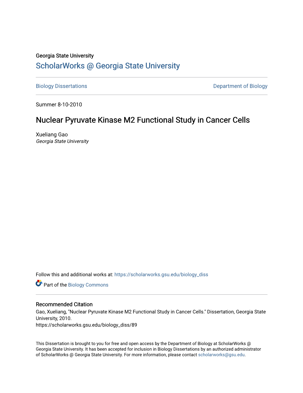 Nuclear Pyruvate Kinase M2 Functional Study in Cancer Cells