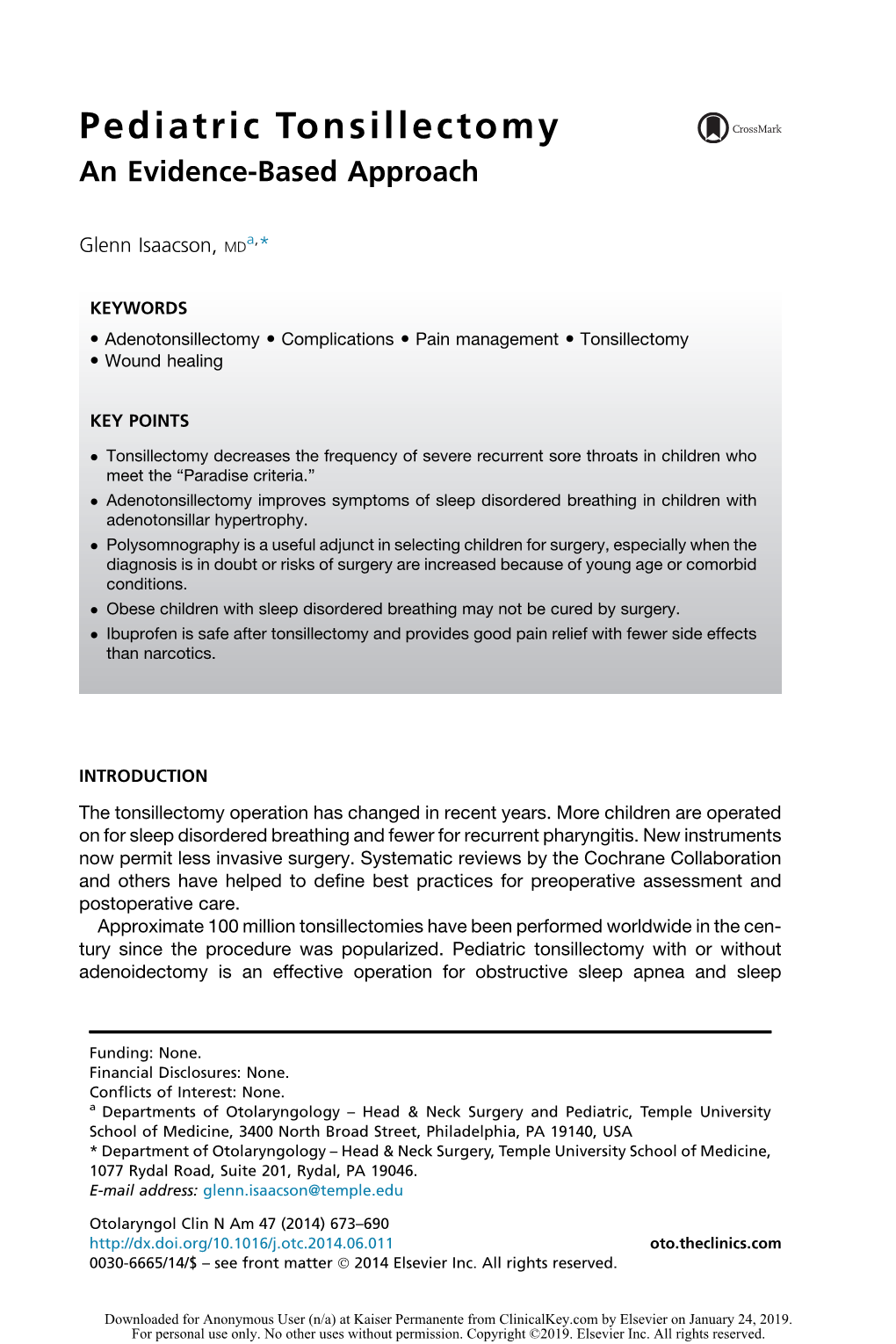 Pediatric Tonsillectomy an Evidence-Based Approach