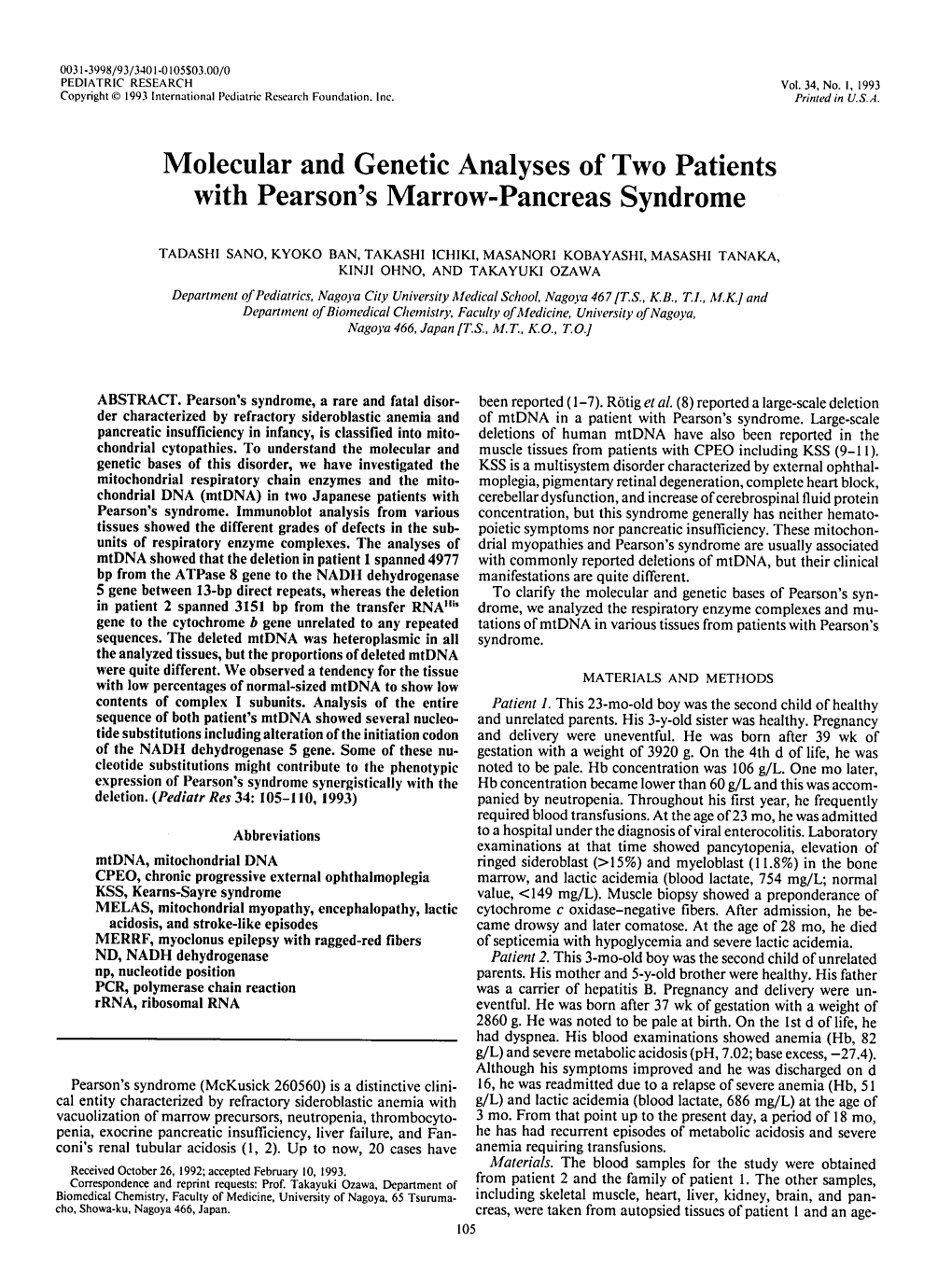 Molecular and Genetic Analyses of Two Patients with Pearson's Marrow-Pancreas Syndrome