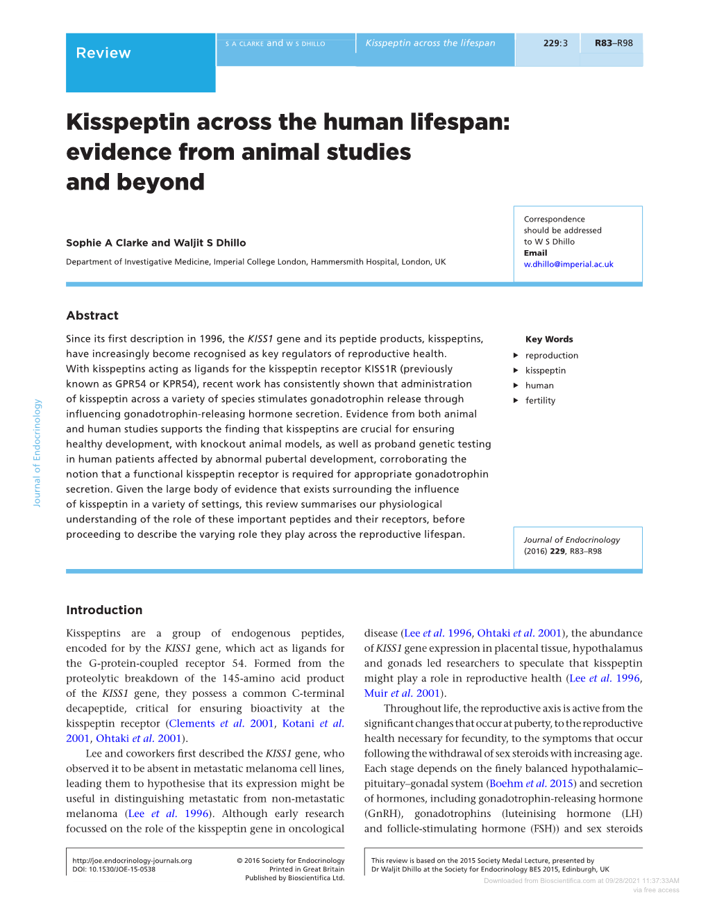 Kisspeptin Across the Human Lifespan:Evidence from Animal
