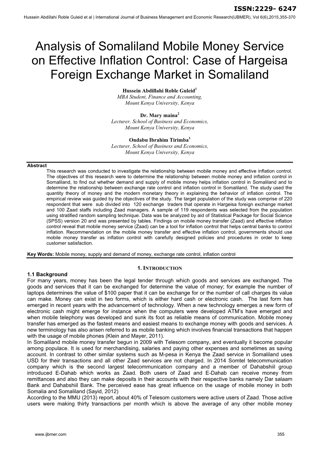 Analysis of Somaliland Mobile Money Service on Effective Inflation Control: Case of Hargeisa Foreign Exchange Market in Somaliland