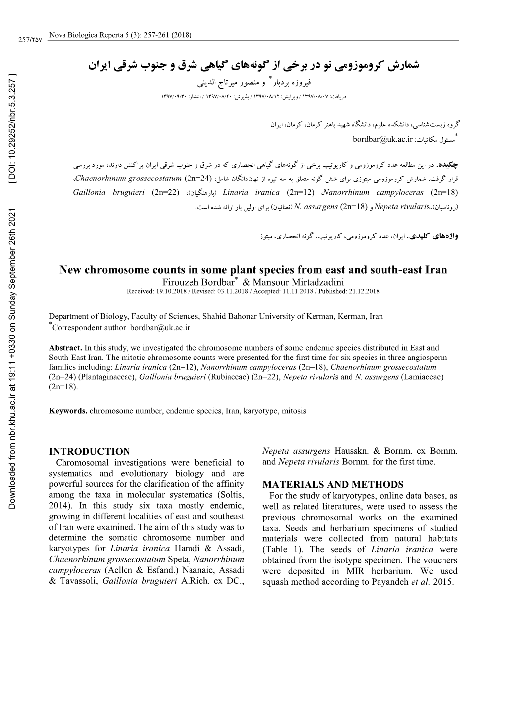 New Chromosome Counts in Some Plant Species from East and South-East Iran