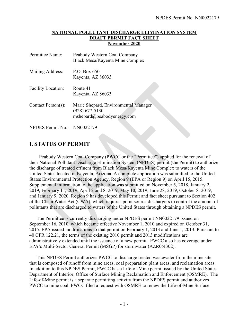 DRAFT NPDES Permit Fact Sheet: Black Mesa/Kayenta Mine Complex