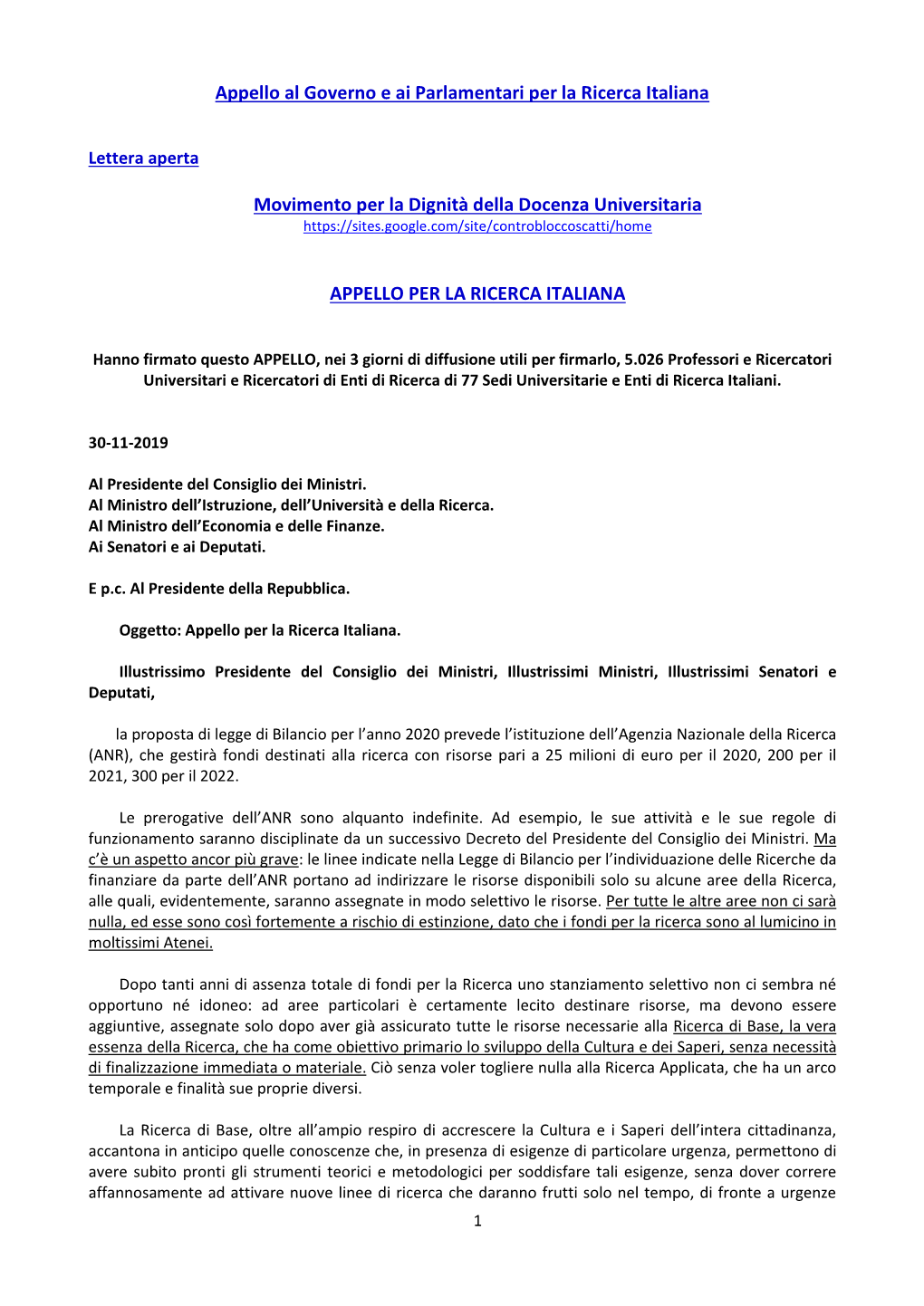 Appello Al Governo E Ai Parlamentari Per La Ricerca Italiana Movimento