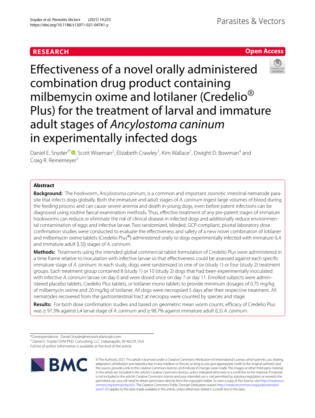 Effectiveness of a Novel Orally Administered Combination Drug Product Containing Milbemycin Oxime and Lotilaner (Credelio® Plus