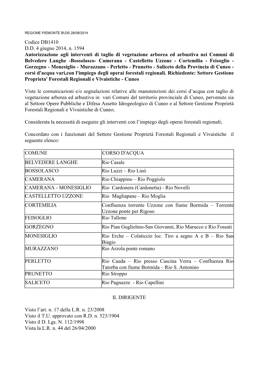 Codice DB1410 D.D. 4 Giugno 2014, N. 1594 Autorizzazione Agli Interventi Di Taglio Di Vegetazione Arborea Ed Arbustiva Nei Comun