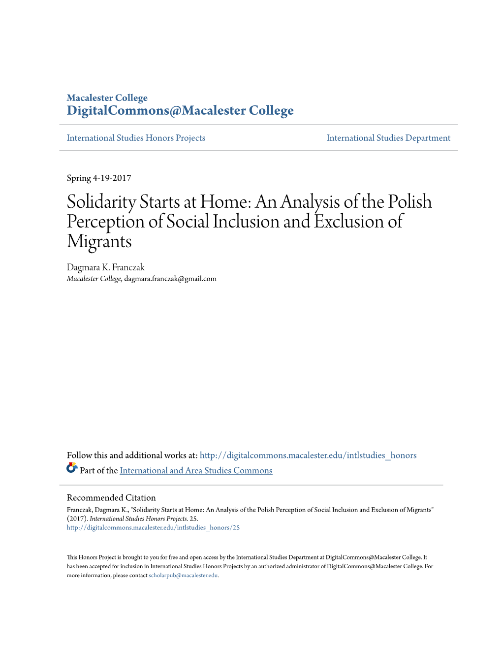 Solidarity Starts at Home: an Analysis of the Polish Perception of Social Inclusion and Exclusion of Migrants Dagmara K