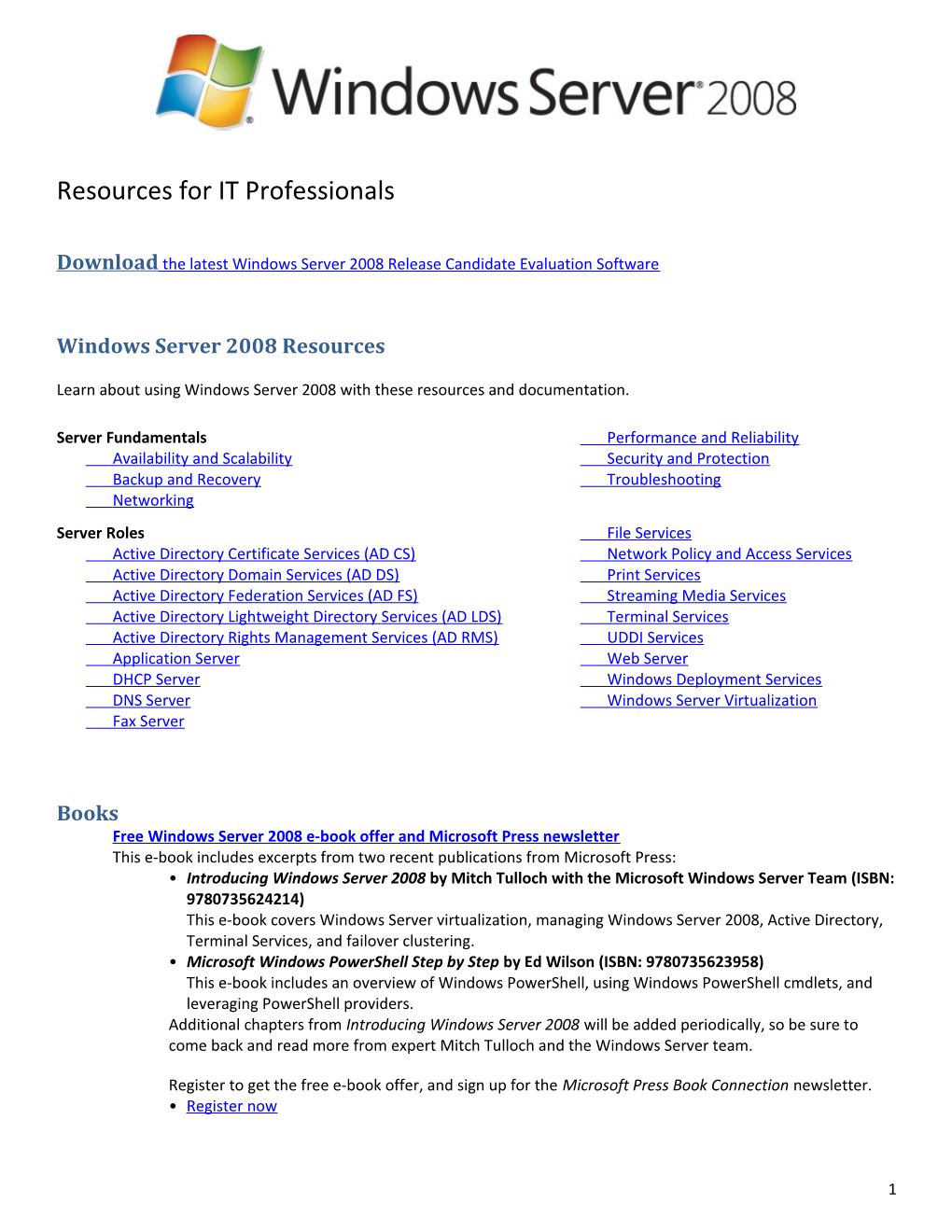 Windows Server 2008 Links, References and Resources V2