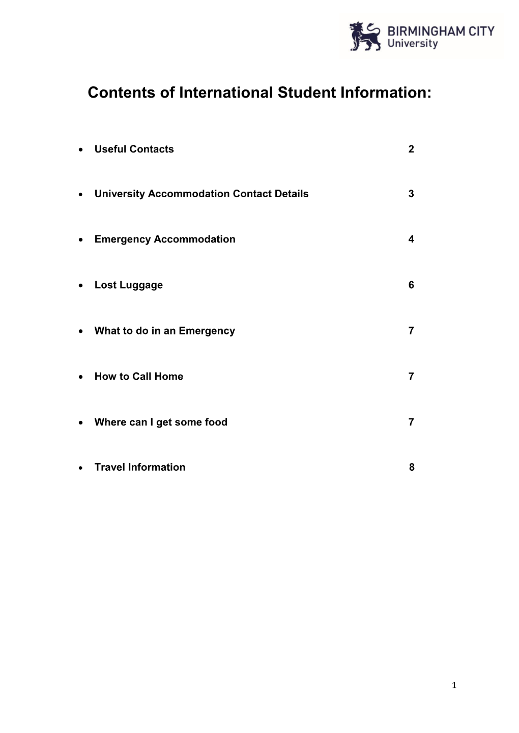 Contents of International Student Information