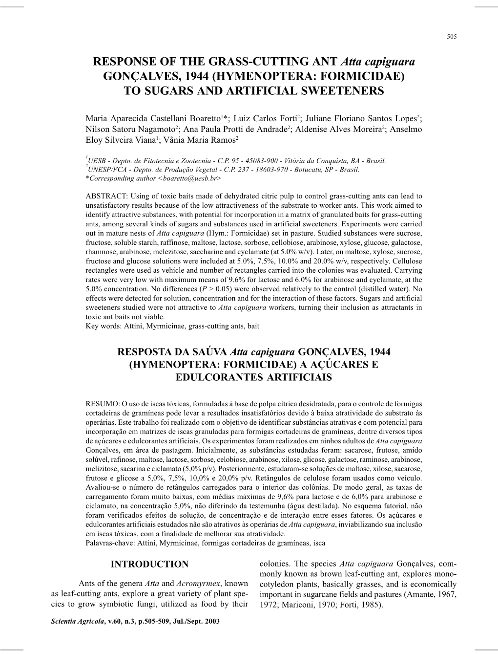 (Hymenoptera: Formicidae) to Sugars and Artificial Sweeteners