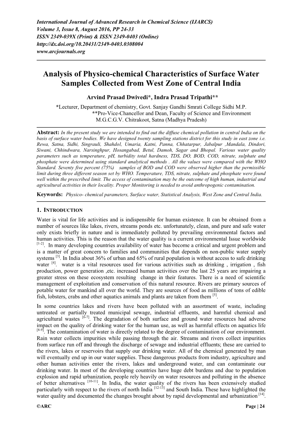 Analysis of Physico-Chemical Characteristics of Surface Water Samples Collected from West Zone of Central India