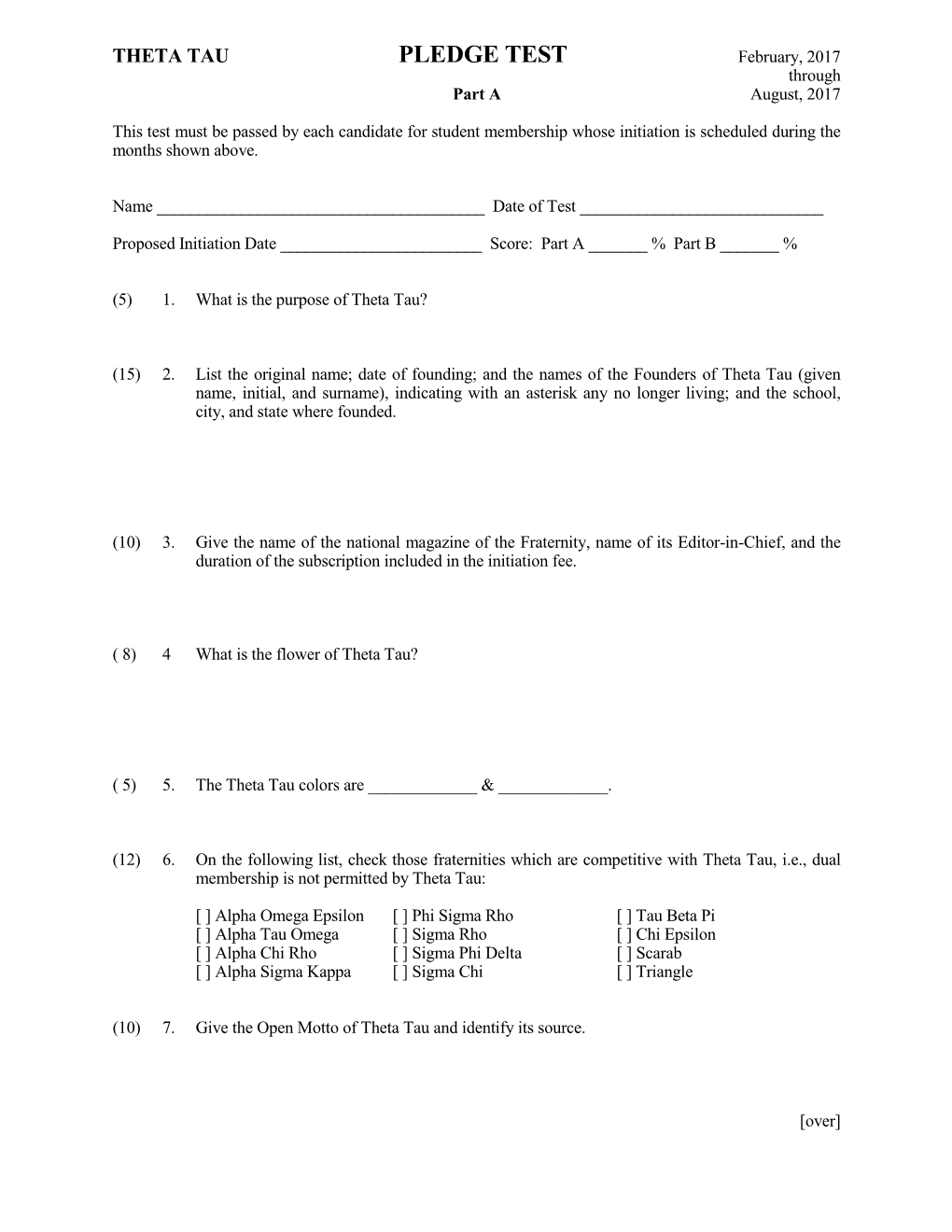 THETA TAU PLEDGE TEST February, 2017 Through Part a August, 2017