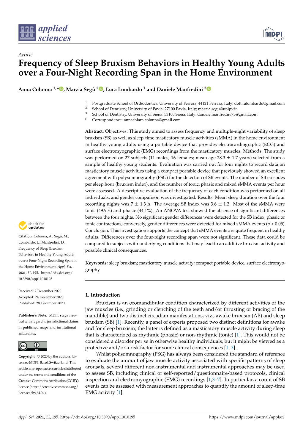Frequency of Sleep Bruxism Behaviors in Healthy Young Adults Over a Four-Night Recording Span in the Home Environment