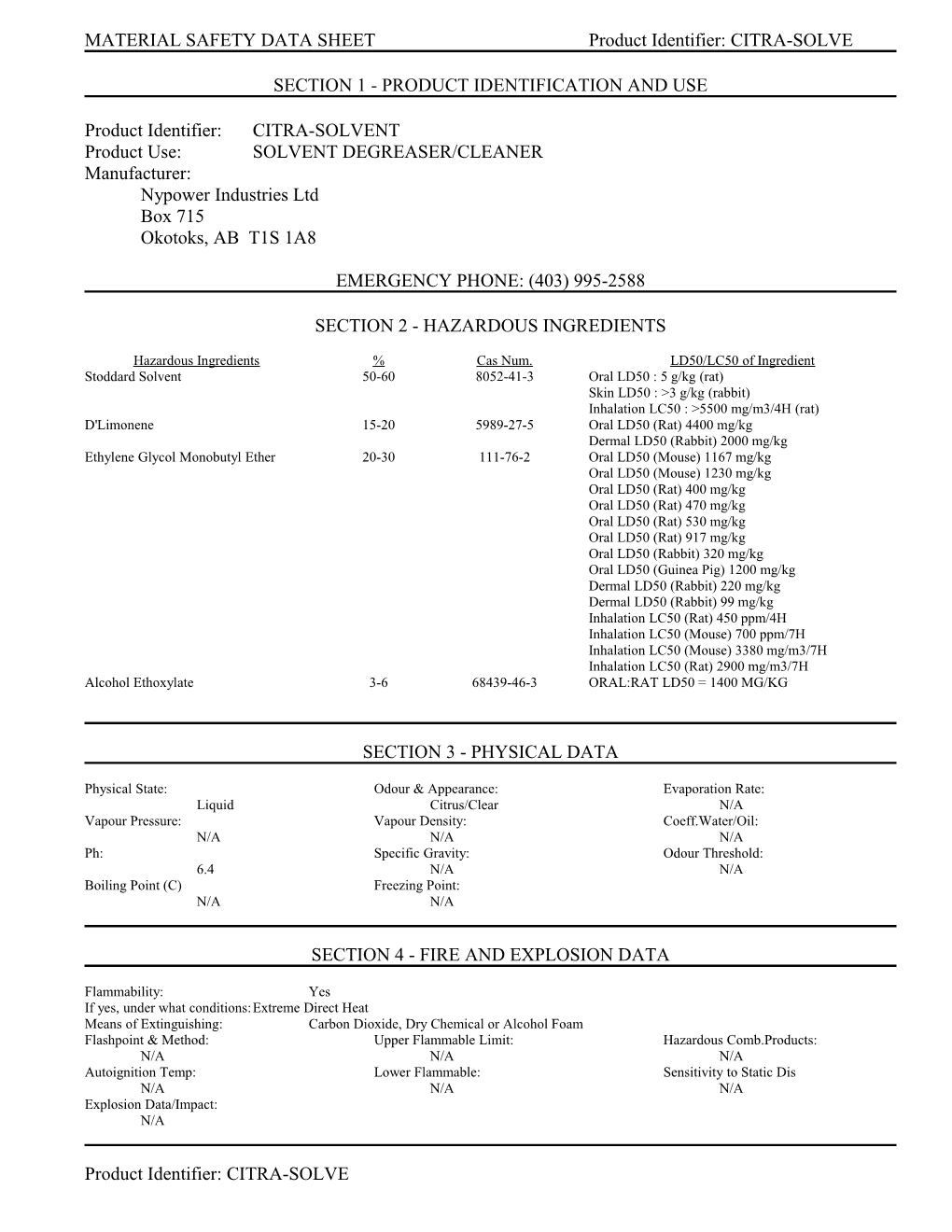 Material Safety Data Sheet s85