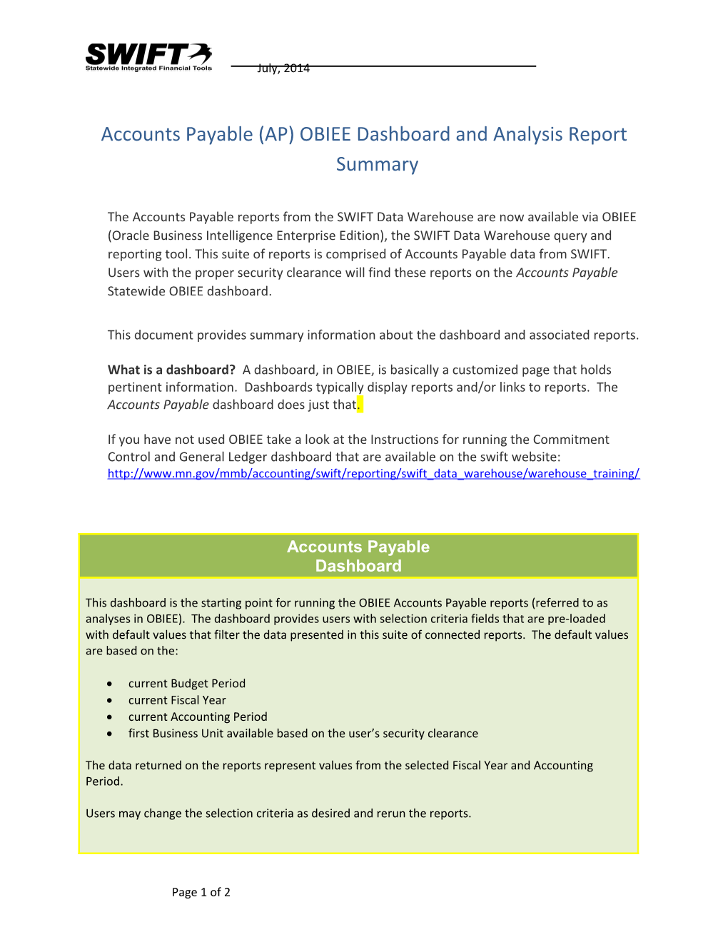 Accounts Payable (AP) OBIEE Dashboard and Analysis Report Summary