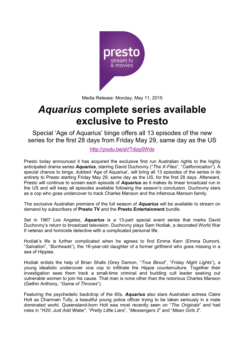 Aquarius Complete Series Available Exclusive to Presto