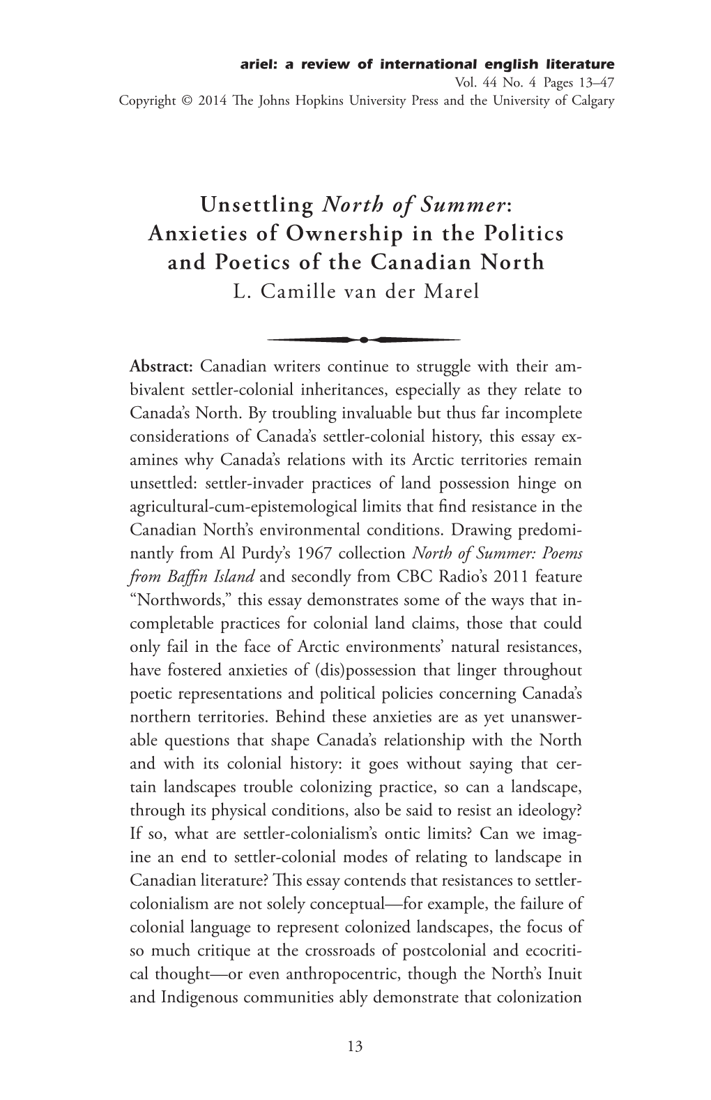Anxieties of Ownership in the Politics and Poetics of the Canadian North L