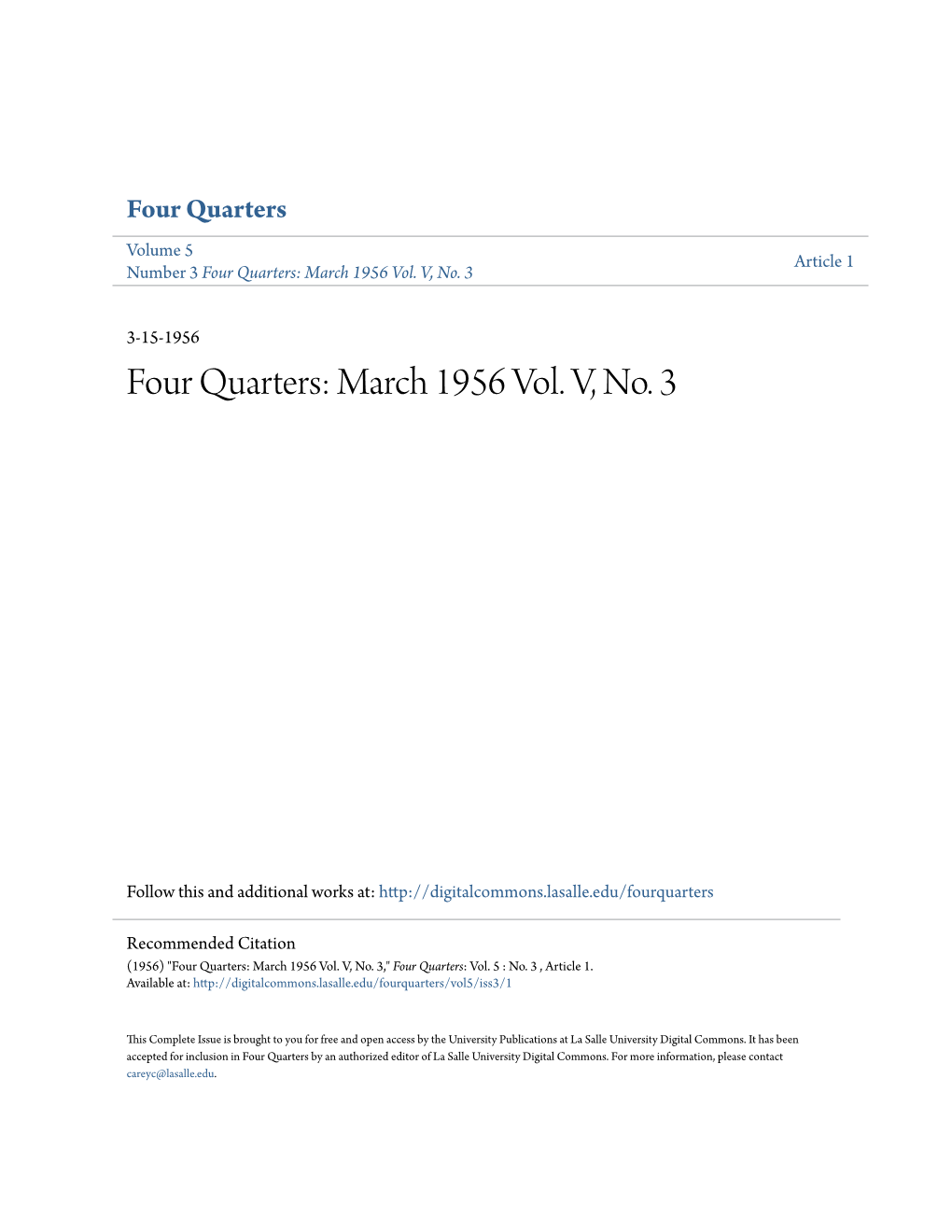 Four Quarters Volume 5 Article 1 Number 3 Four Quarters: March 1956 Vol