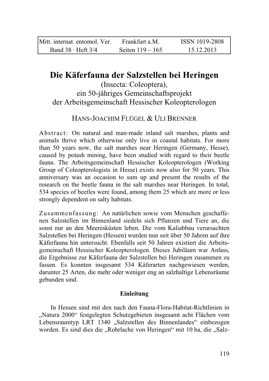 Die Käferfauna Der Salzstellen Bei Heringen (Insecta: Coleoptera), Ein 50-Jähriges Gemeinschaftsprojekt Der Arbeitsgemeinschaft Hessischer Koleopterologen