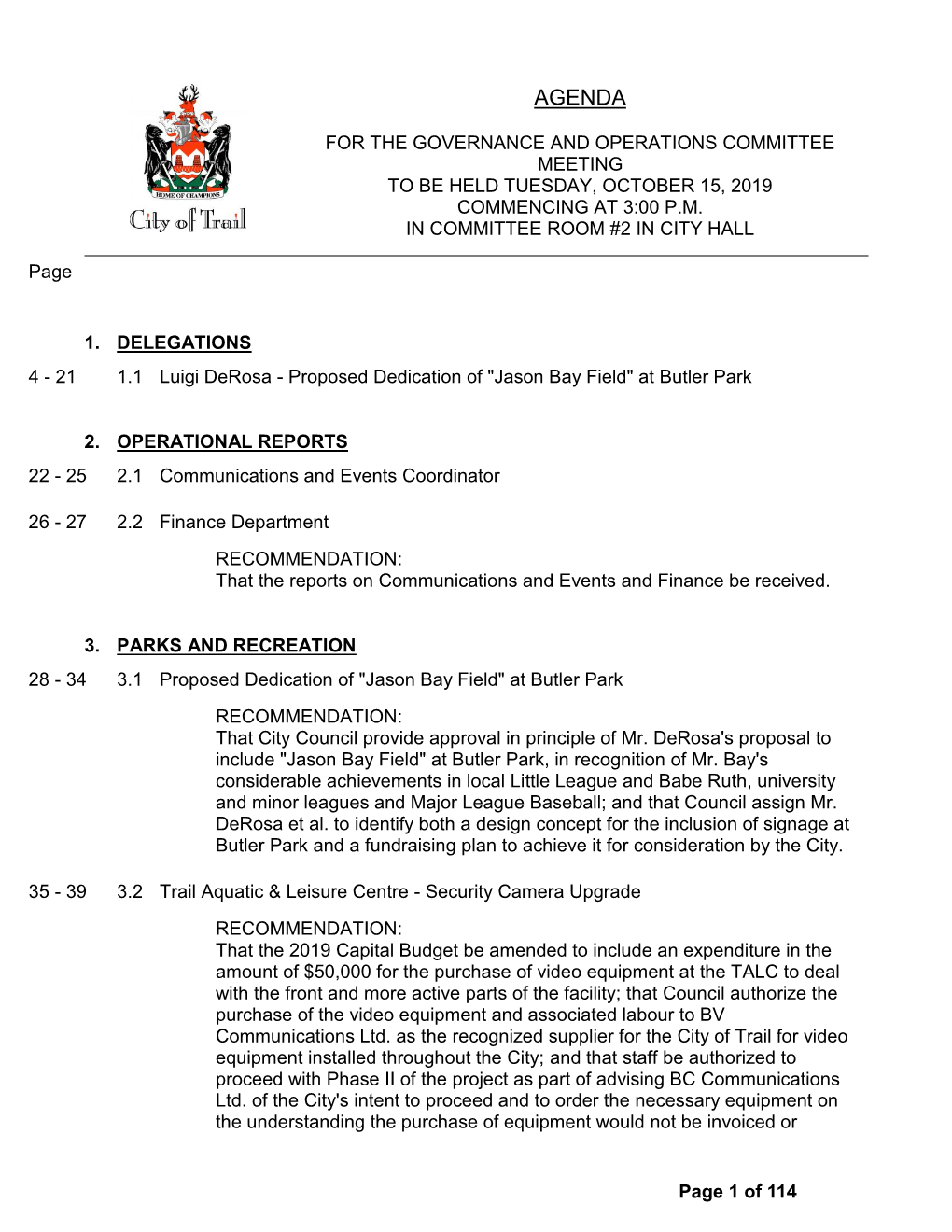 Governance and Operations Committee Meeting to Be Held Tuesday, October 15, 2019 Commencing at 3:00 P.M