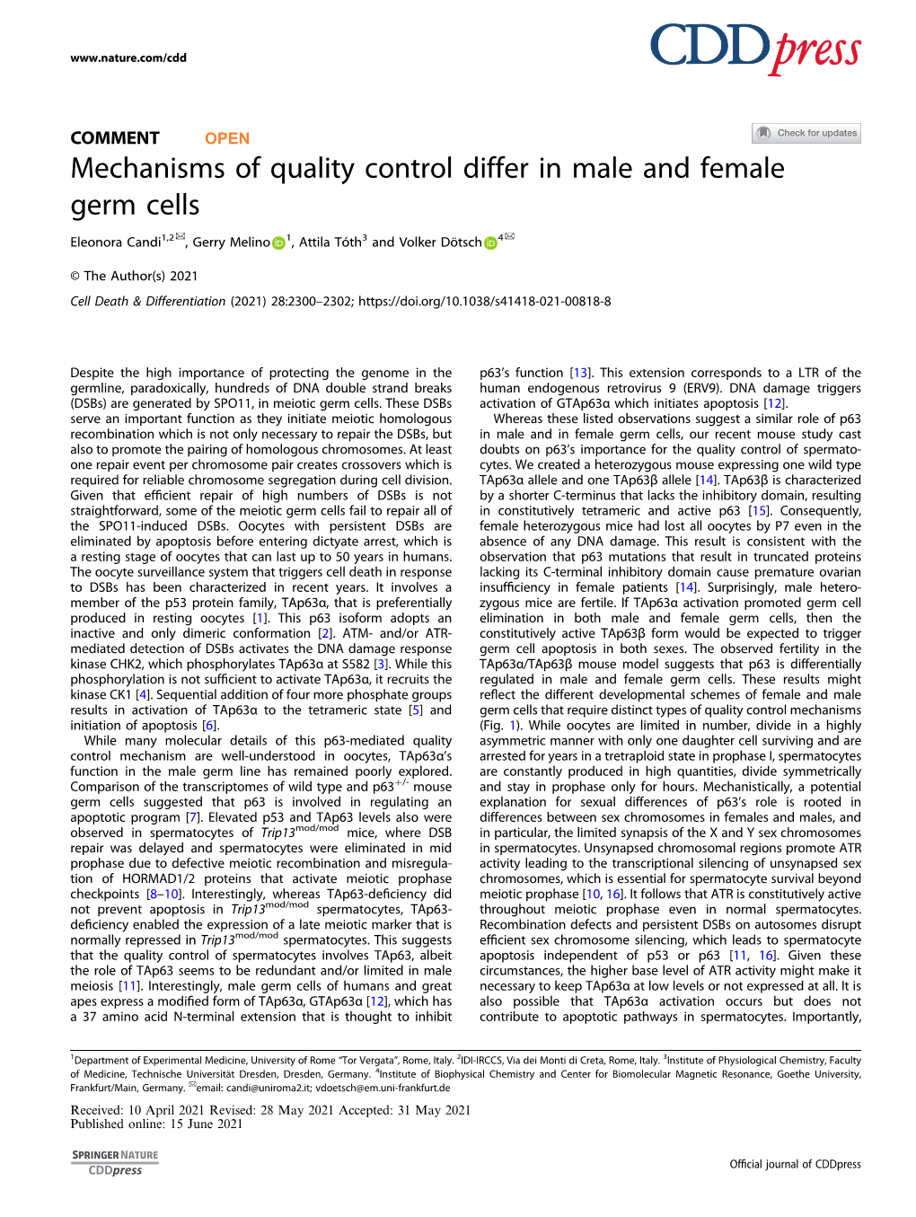 Mechanisms of Quality Control Differ in Male and Female Germ Cells ✉ ✉ Eleonora Candi1,2 , Gerry Melino 1, Attila Tóth3 and Volker Dötsch 4