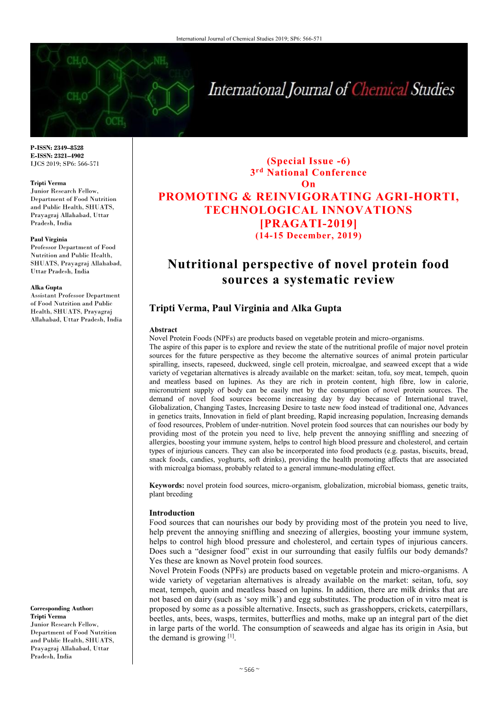 Nutritional Perspective of Novel Protein Food Sources a Systematic Review