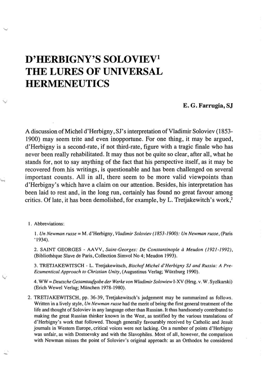 D'herbigny's Solovievt the LURES of UNIVERSAL HERMENEUTICS