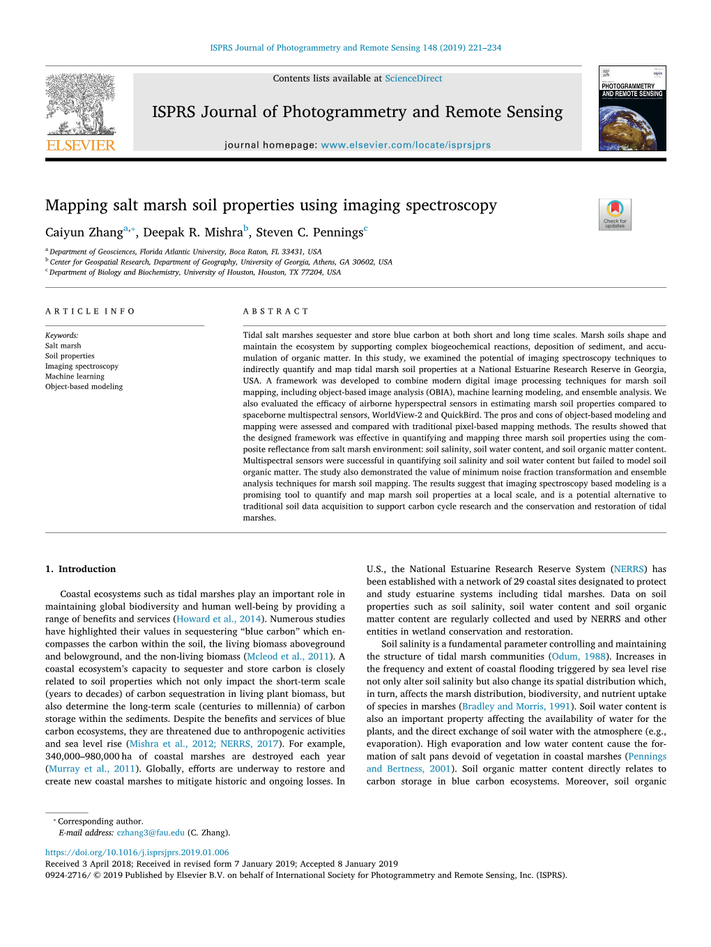 Mapping Salt Marsh Soil Properties Using Imaging Spectroscopy T ⁎ Caiyun Zhanga, , Deepak R