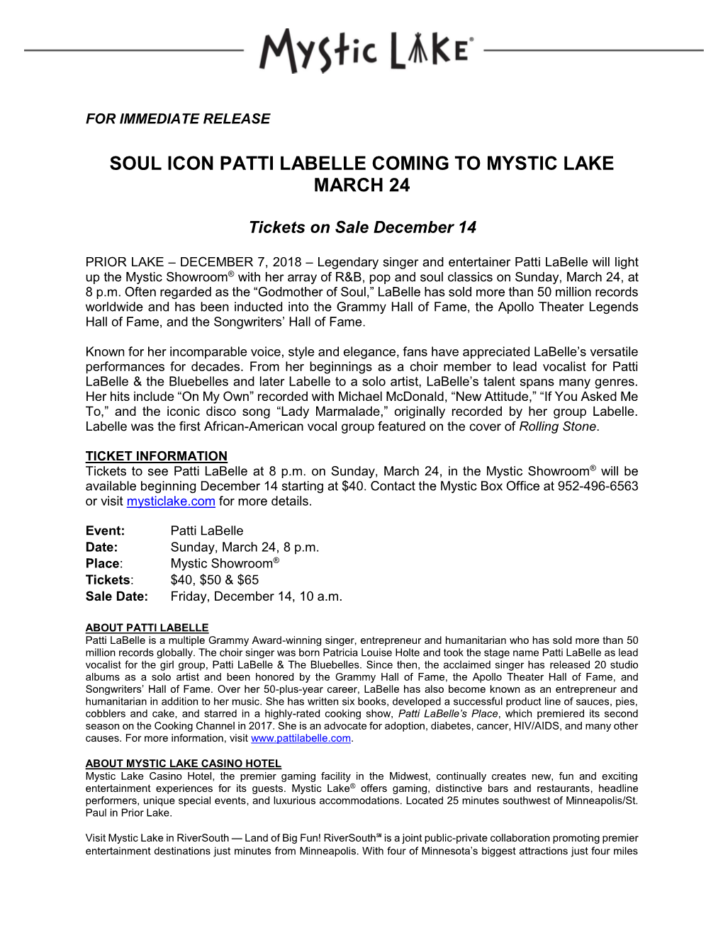 Soul Icon Patti Labelle Coming to Mystic Lake March 24