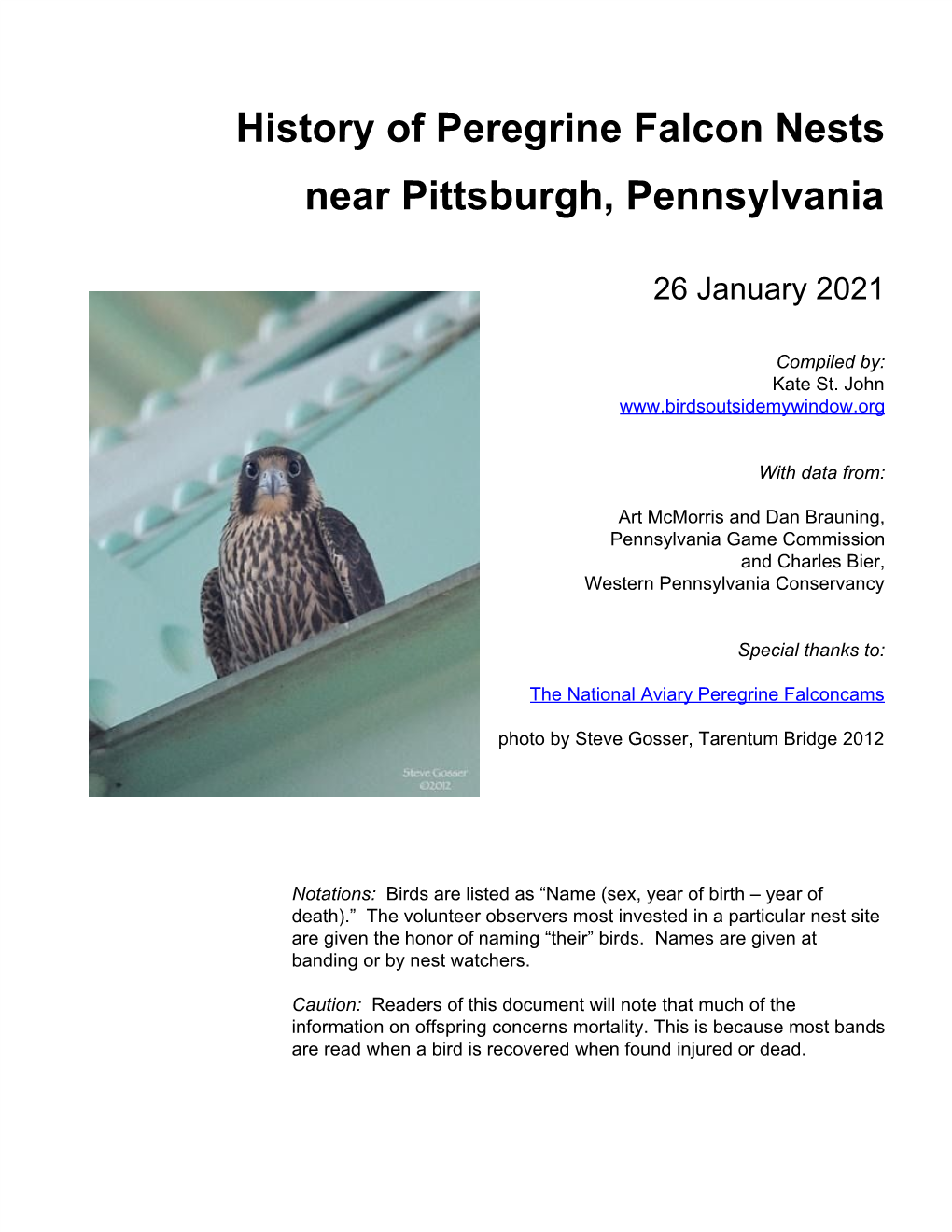 History of Peregrine Falcon Nests Near Pittsburgh, Pennsylvania