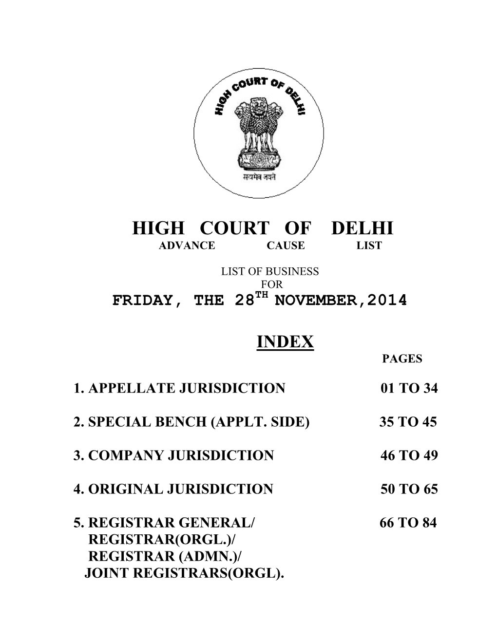 High Court of Delhi Advance Cause List