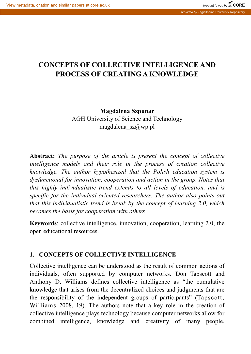 Concepts of Collective Intelligence and Process of Creating a Knowledge