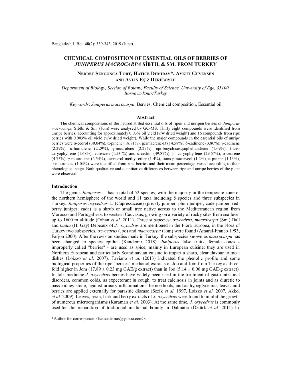 Chemical Composition of Essential Oils of Berries of Juniperus Macrocarpa Sibth