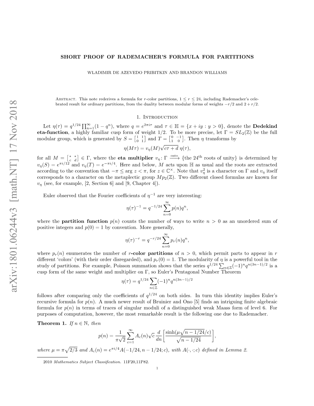 Short Proof of Rademacher's Formula for Partitions