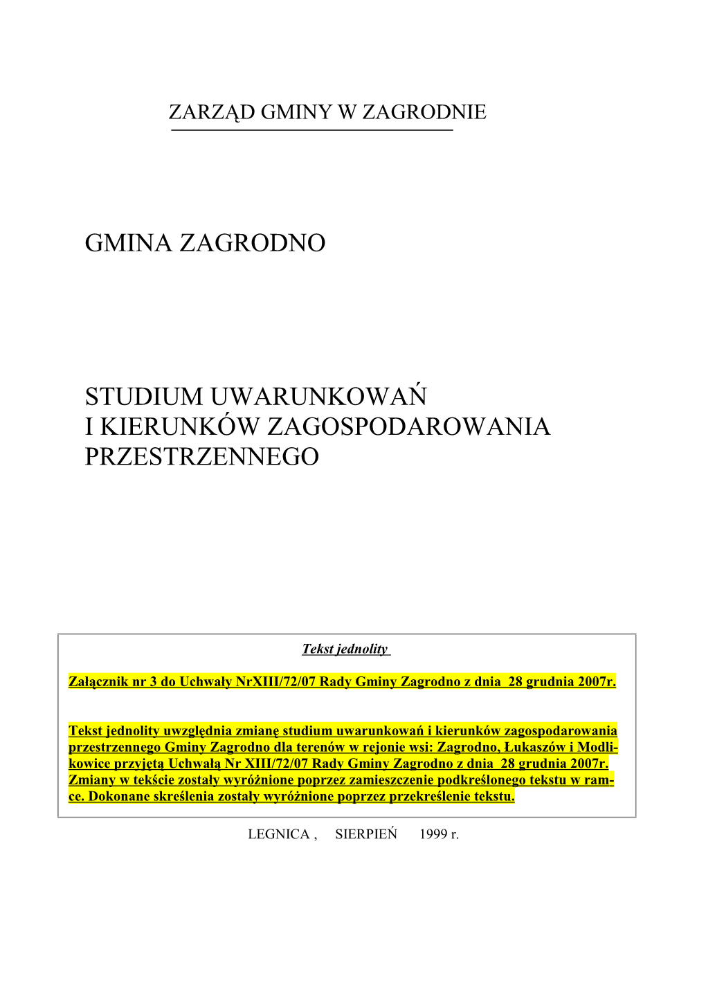 Gmina Zagrodno Studium Uwarunkowań I Kierunków