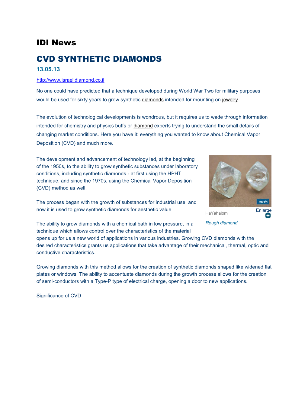 IDI News CVD SYNTHETIC DIAMONDS