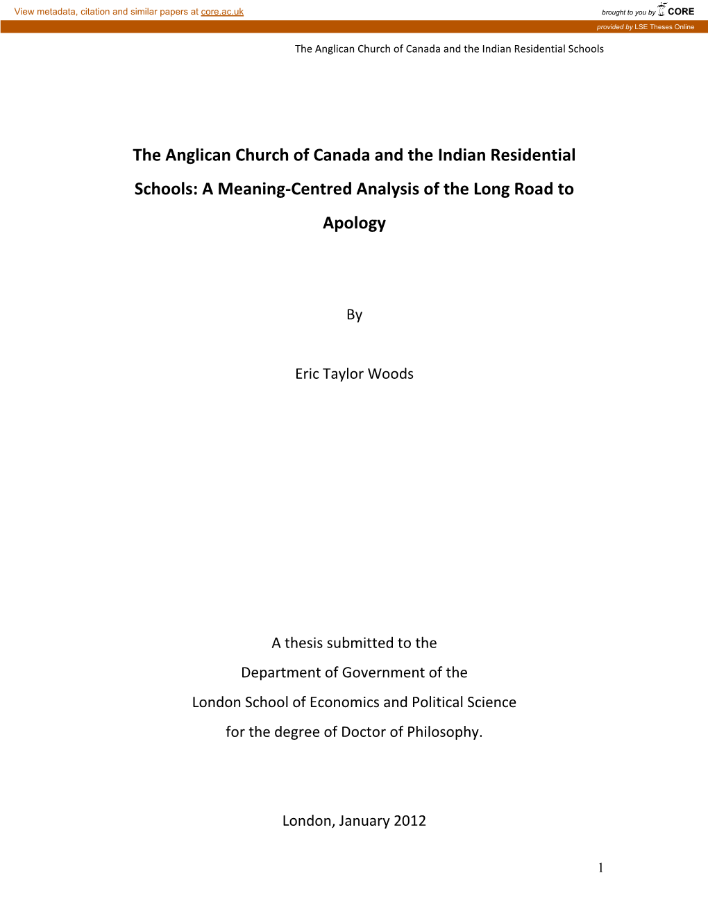 The Anglican Church of Canada and the Indian Residential Schools