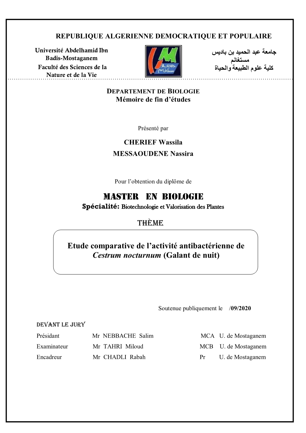 Master En BIOLOGIE Spécialité: Biotechnologie Et Valorisation Des Plantes