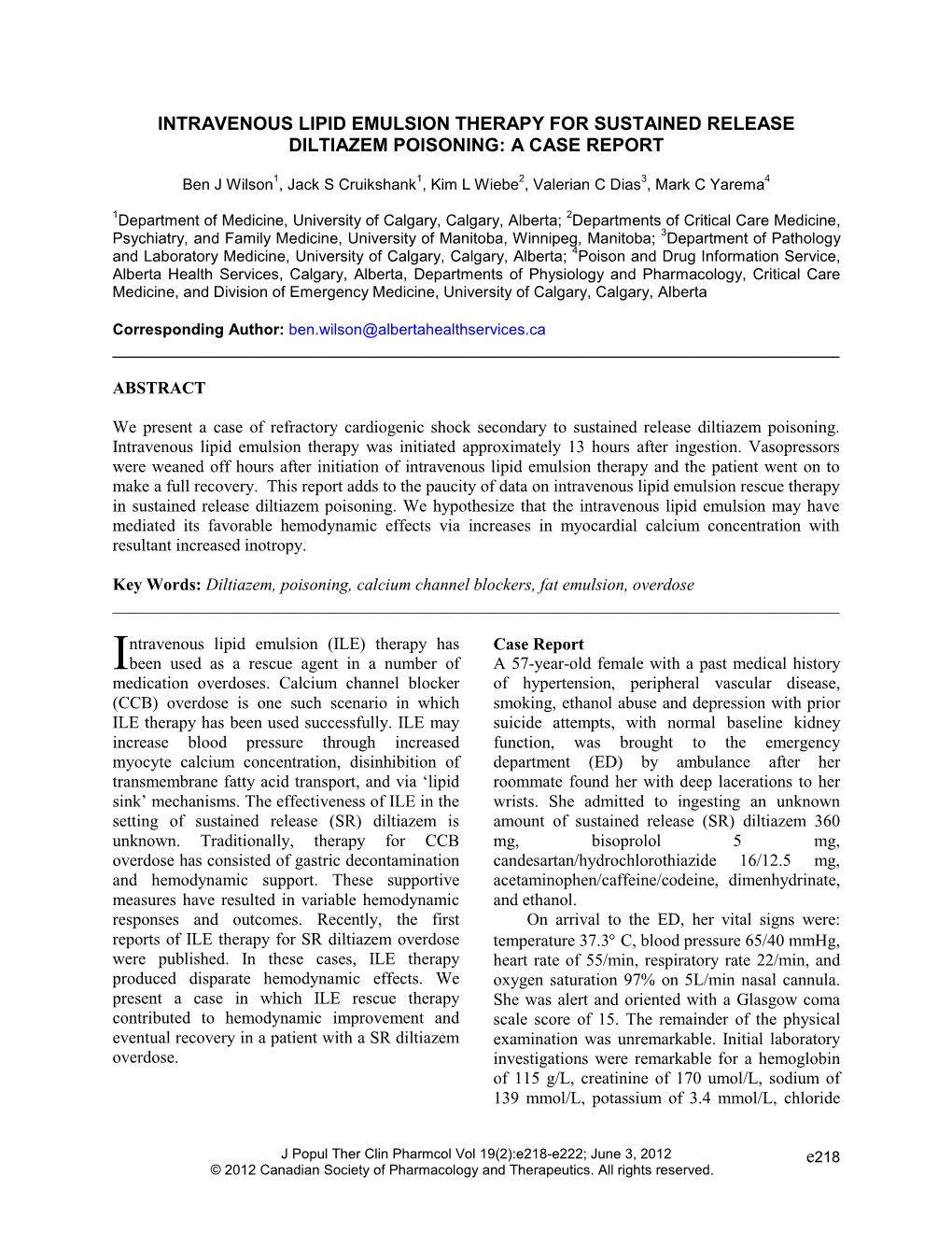 Intravenous Lipid Emulsion Therapy for Sustained Release Diltiazem Poisoning: a Case Report