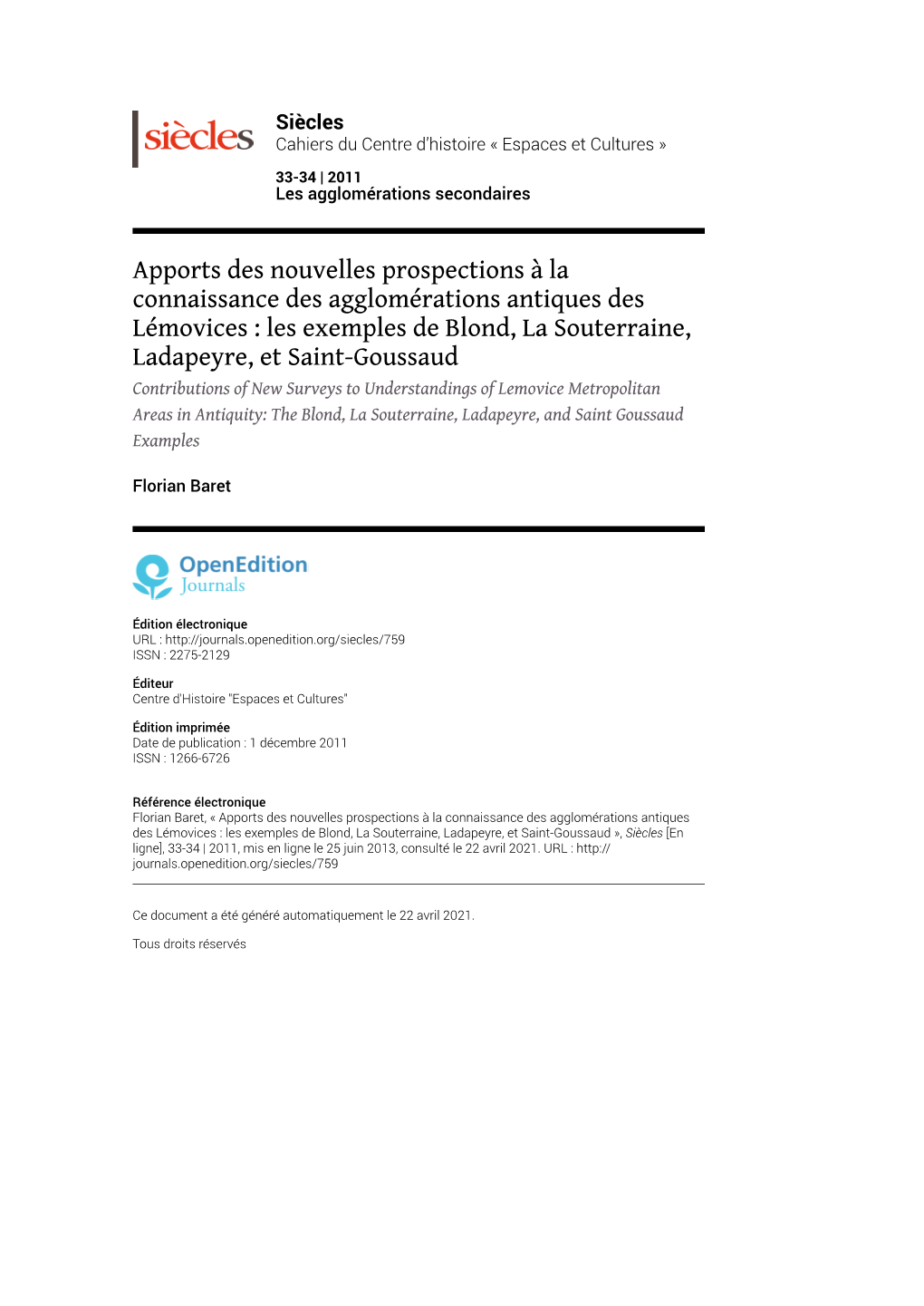 Siècles, 33-34 | 2011 Apports Des Nouvelles Prospections À La Connaissance Des Agglomérations Antiq