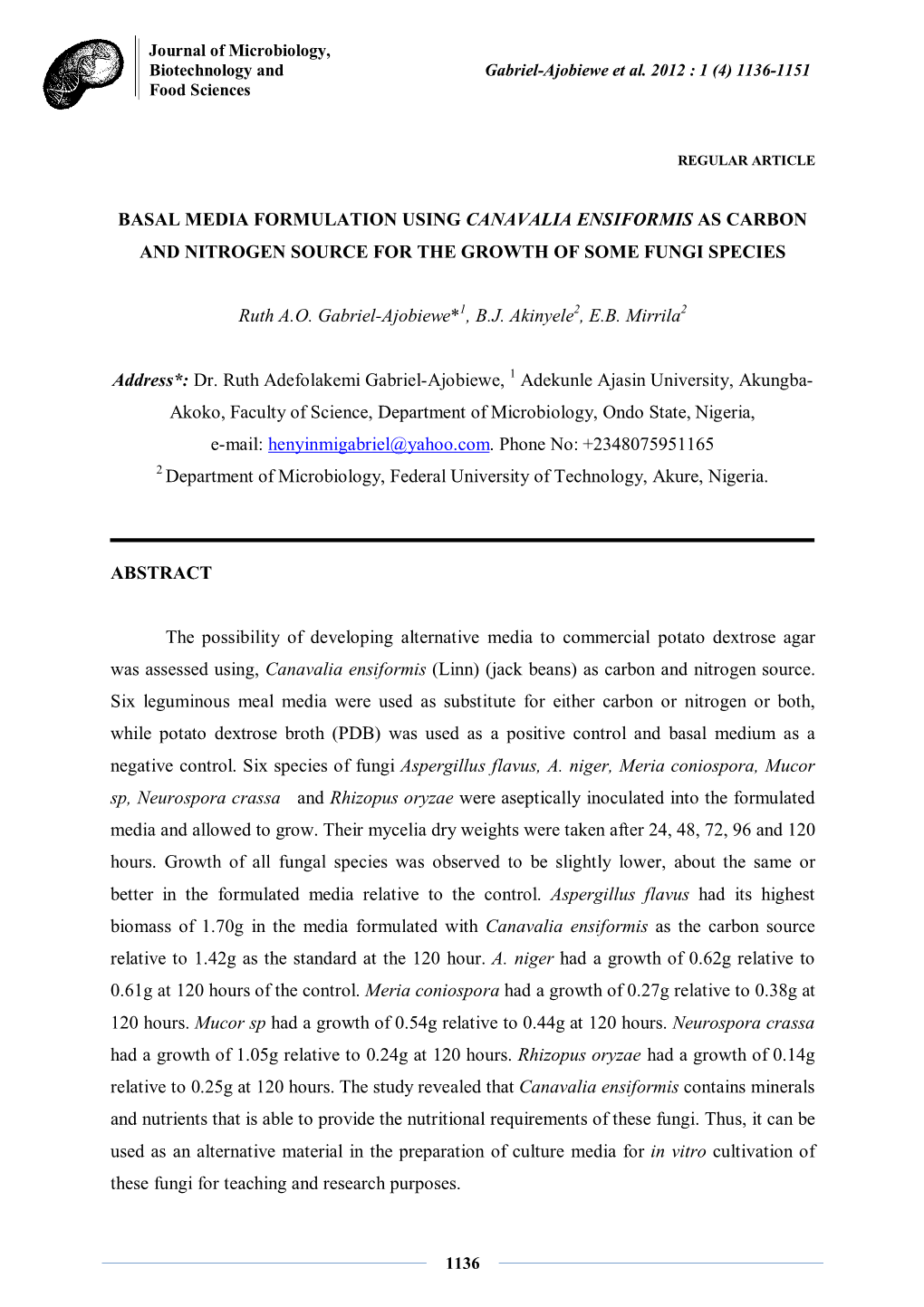 Basal Media Formulation Using Canavalia Ensiformis As Carbon and Nitrogen Source for the Growth of Some Fungi Species