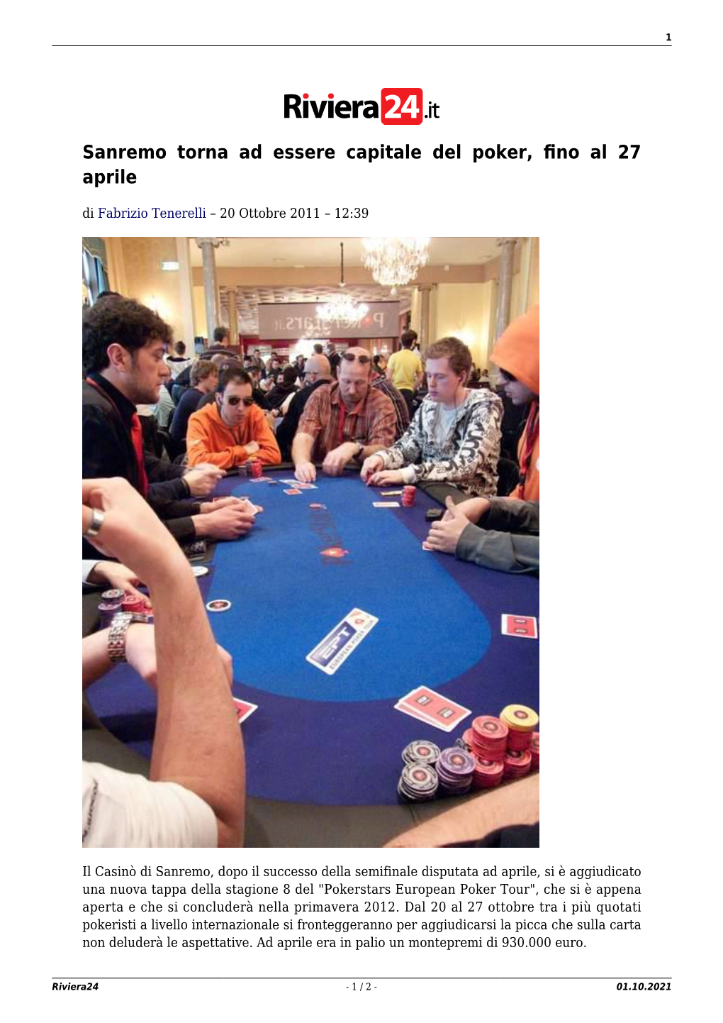 Sanremo Torna Ad Essere Capitale Del Poker, Fino Al 27