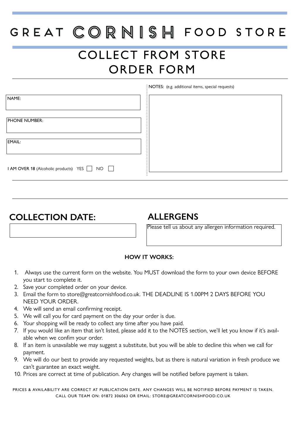 Collect from Store Order Form